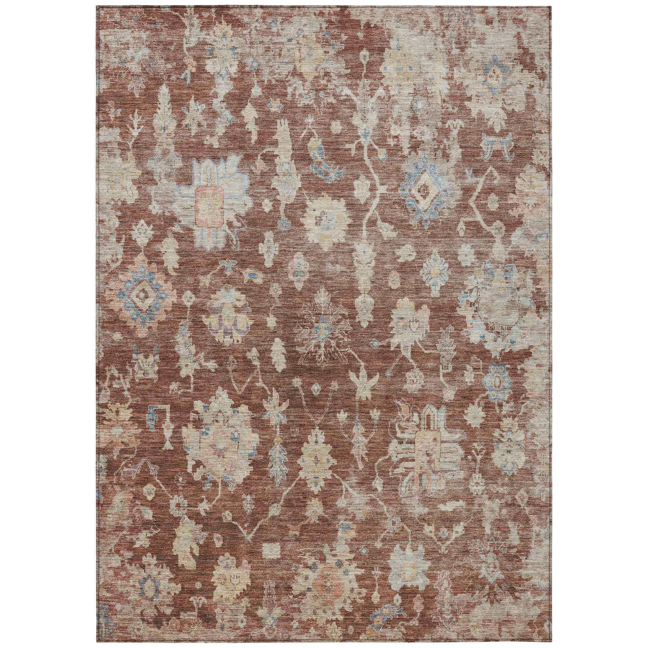 10' X 14' Rust Beige And Blue Floral Washable Indoor Outdoor Area Rug
