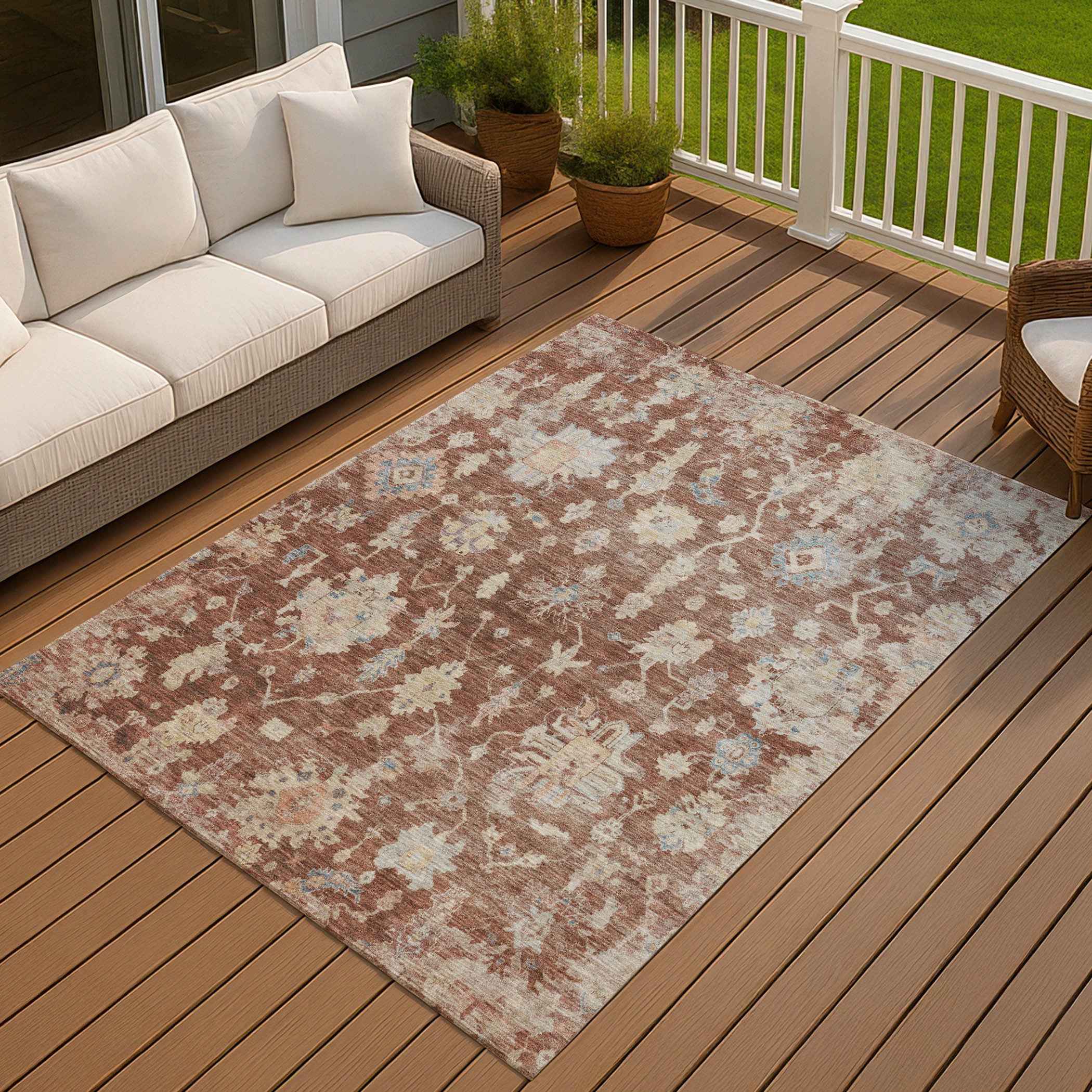 10' X 14' Rust Beige And Blue Floral Washable Indoor Outdoor Area Rug