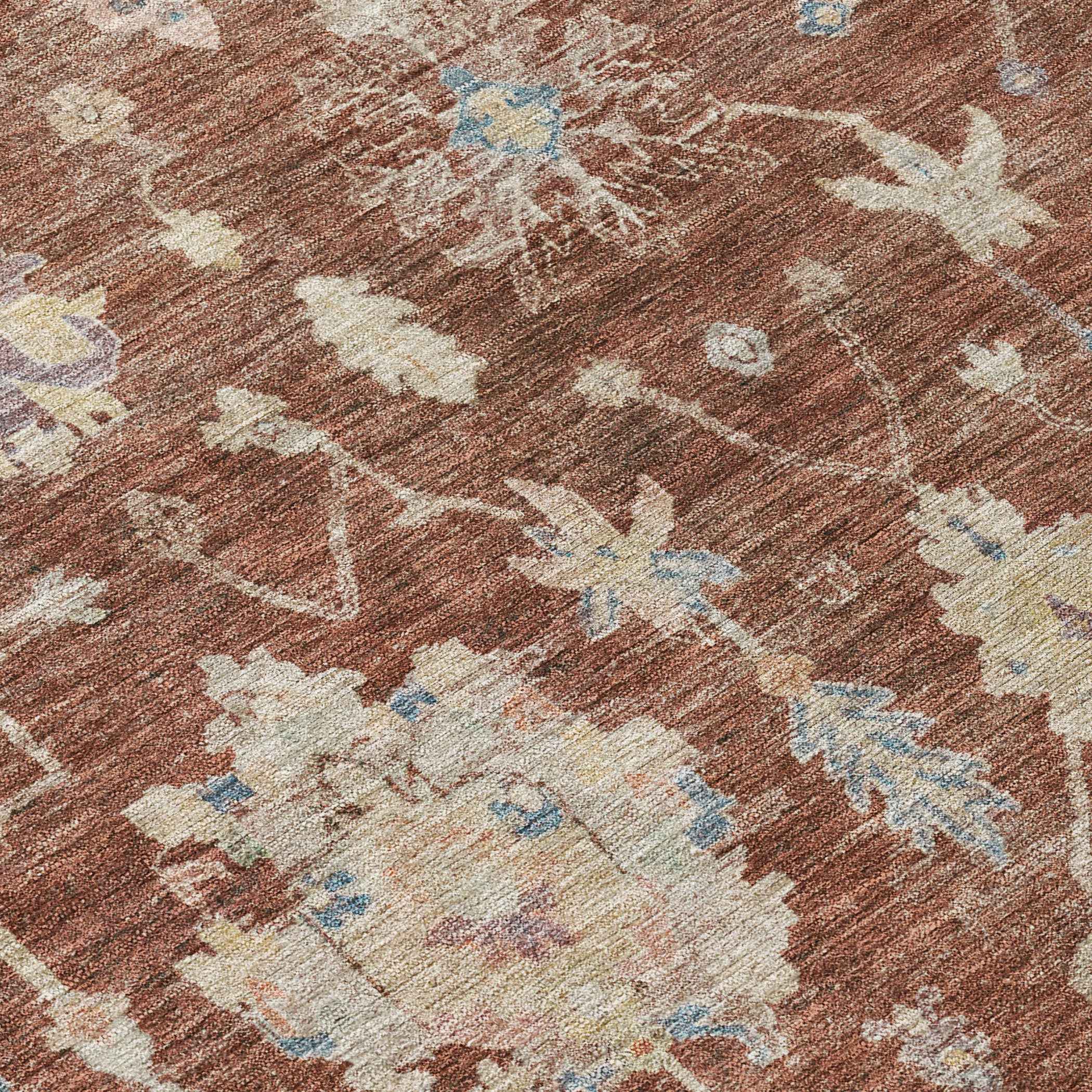 10' X 14' Rust Beige And Blue Floral Washable Indoor Outdoor Area Rug