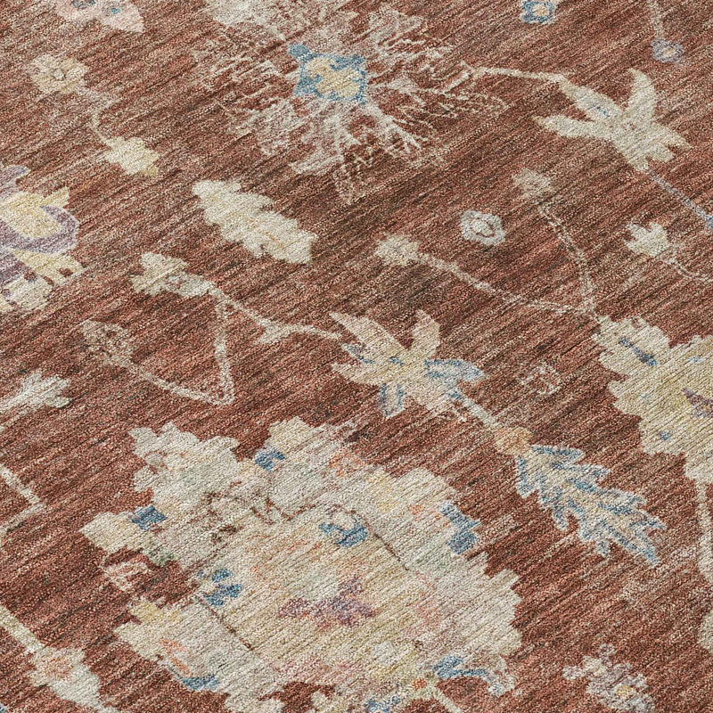 10' X 14' Rust Beige And Blue Floral Washable Indoor Outdoor Area Rug