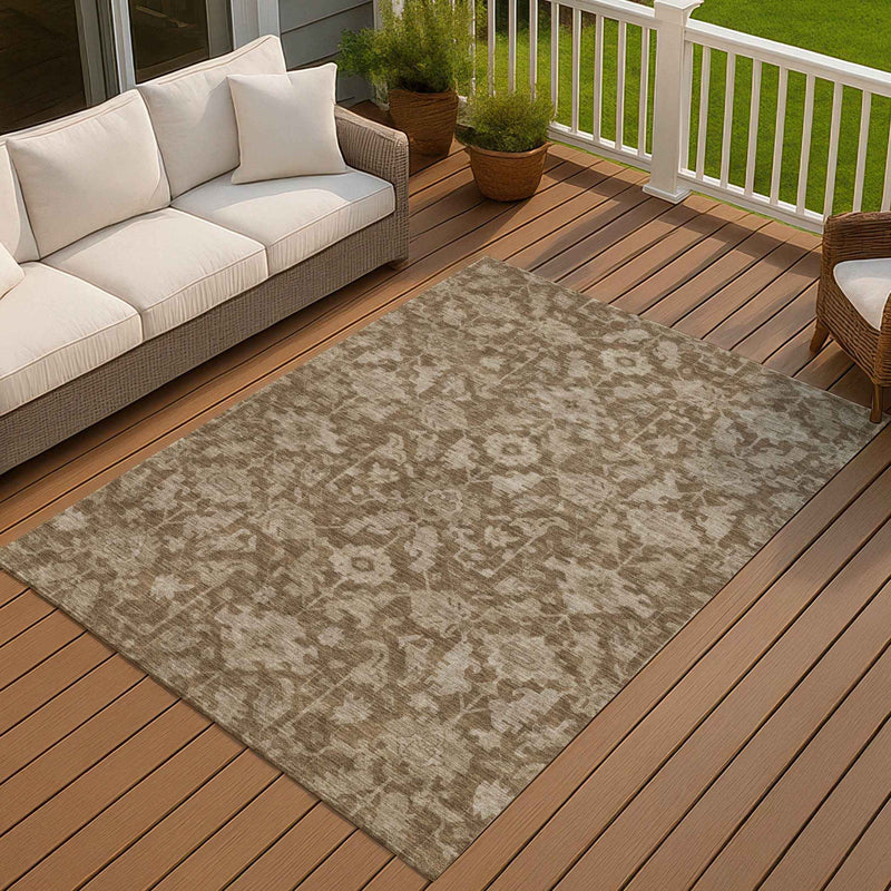 10' X 14' Brown And Beige Floral Washable Indoor Outdoor Area Rug