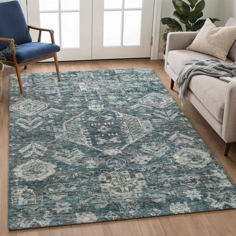 8' X 10' Teal Blue And Silver Medallion Washable Indoor Outdoor Area Rug