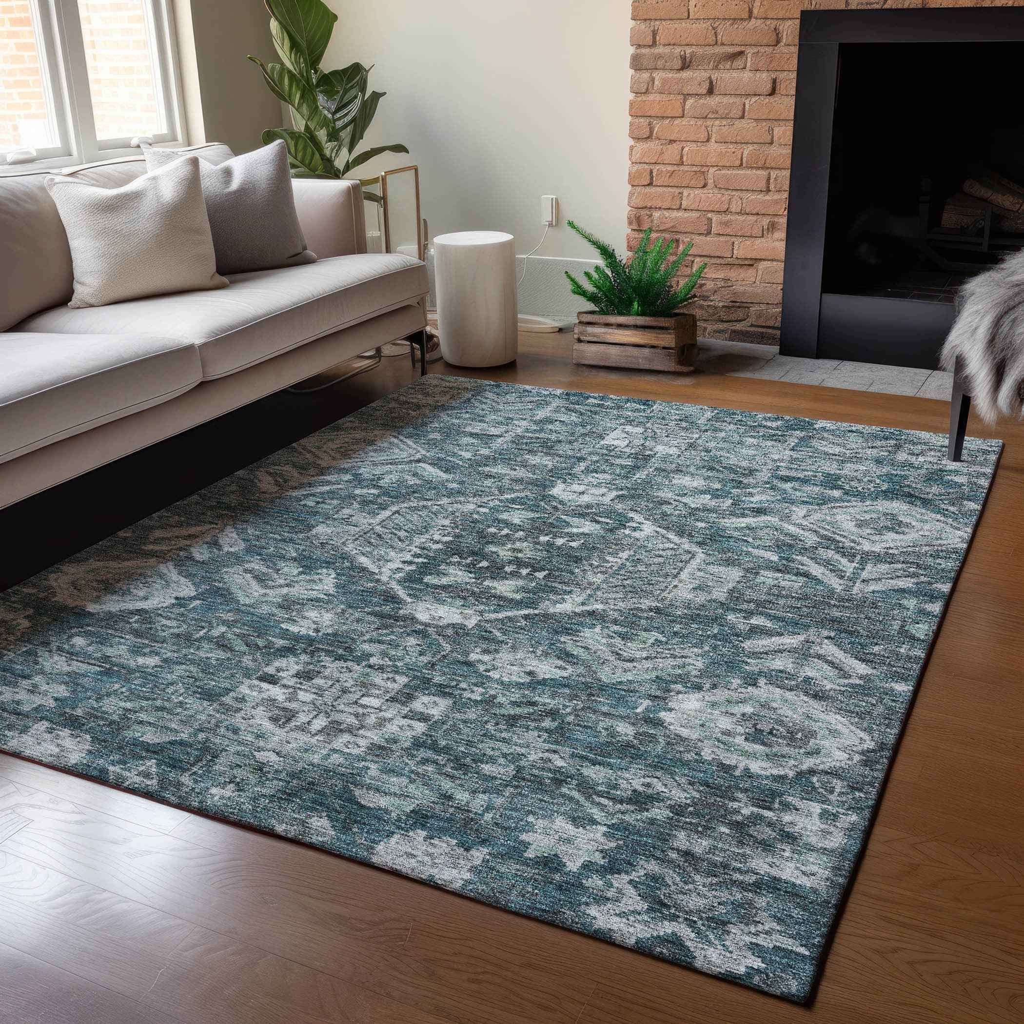 8' X 10' Teal Blue And Silver Medallion Washable Indoor Outdoor Area Rug