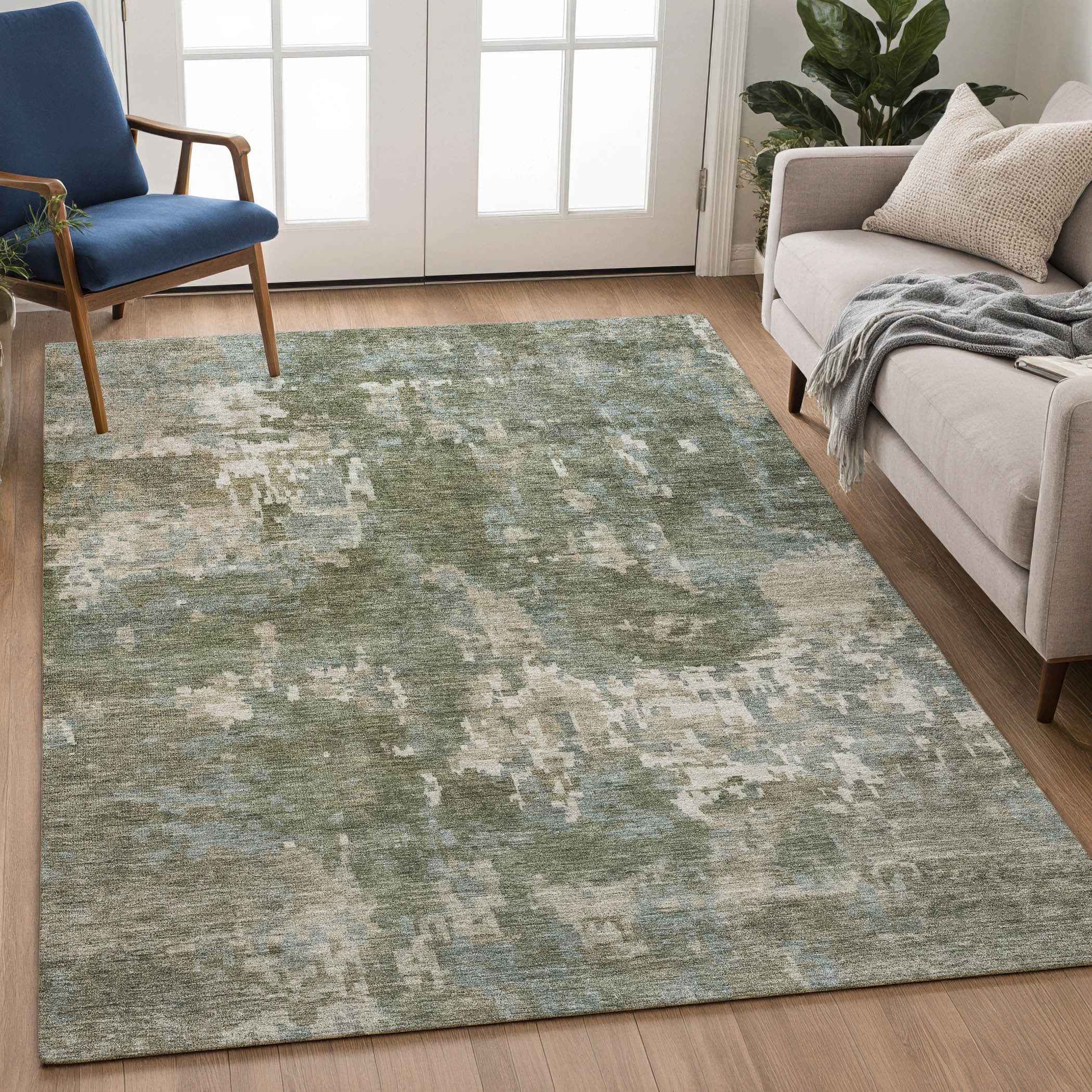 3' X 5' Fern Green And Beige Abstract Washable Indoor Outdoor Area Rug