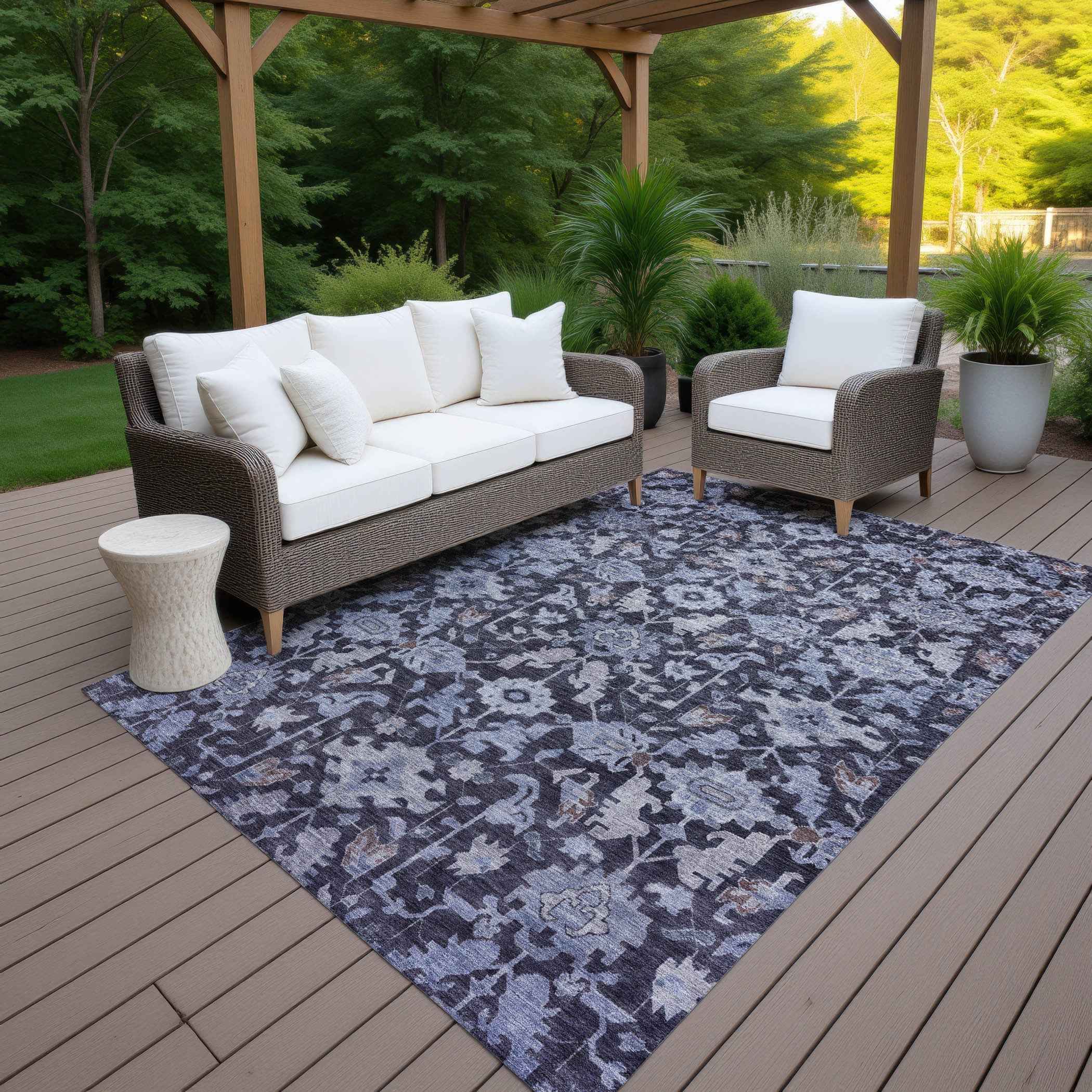 9' X 12' Navy Blue And Plum Floral Washable Indoor Outdoor Area Rug