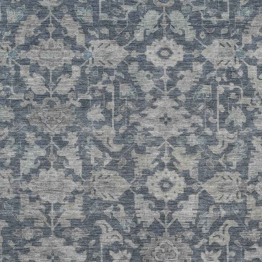 10' X 14' Denim Blue And Silver Floral Washable Indoor Outdoor Area Rug