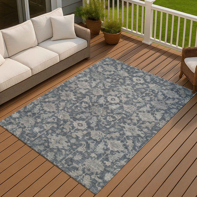 10' X 14' Denim Blue And Silver Floral Washable Indoor Outdoor Area Rug