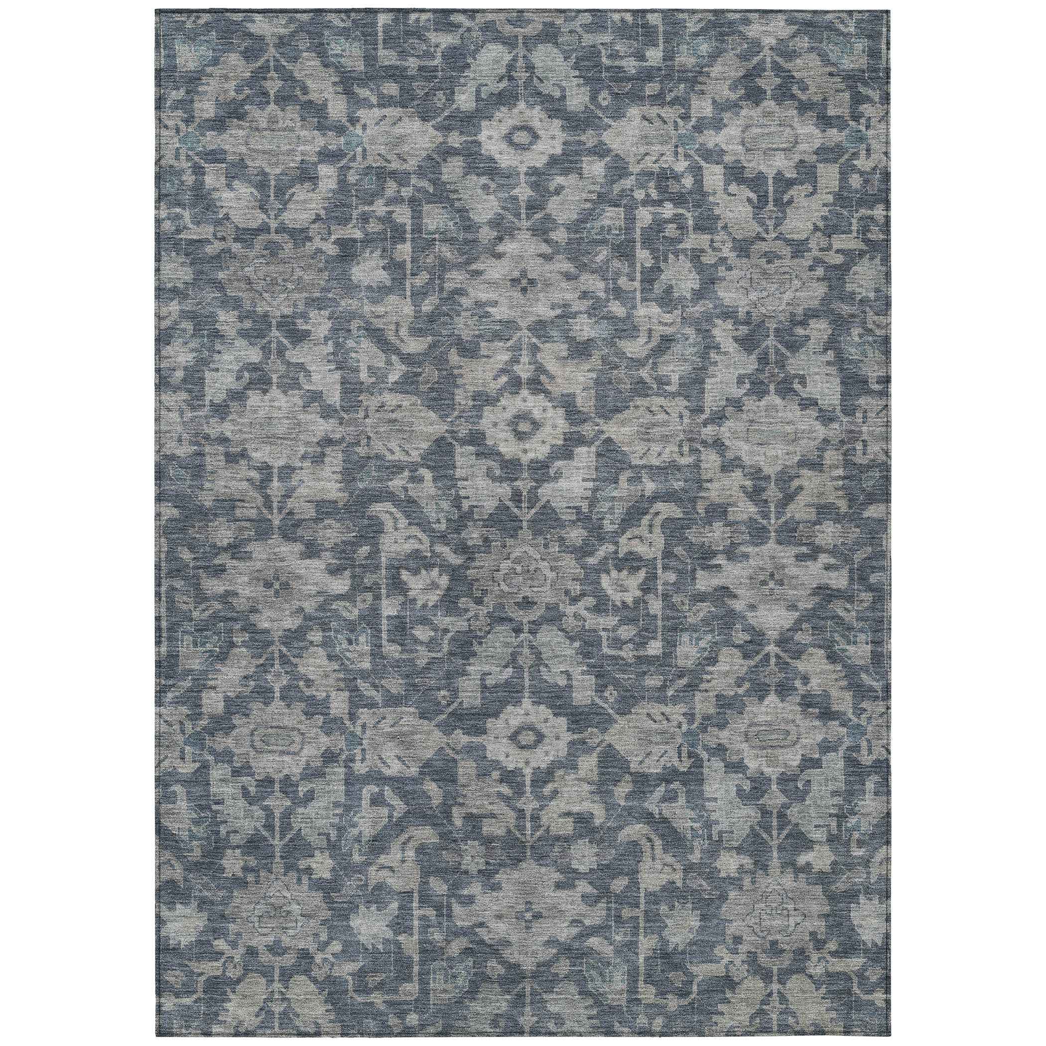 10' X 14' Denim Blue And Silver Floral Washable Indoor Outdoor Area Rug