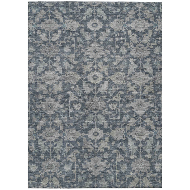 10' X 14' Denim Blue And Silver Floral Washable Indoor Outdoor Area Rug