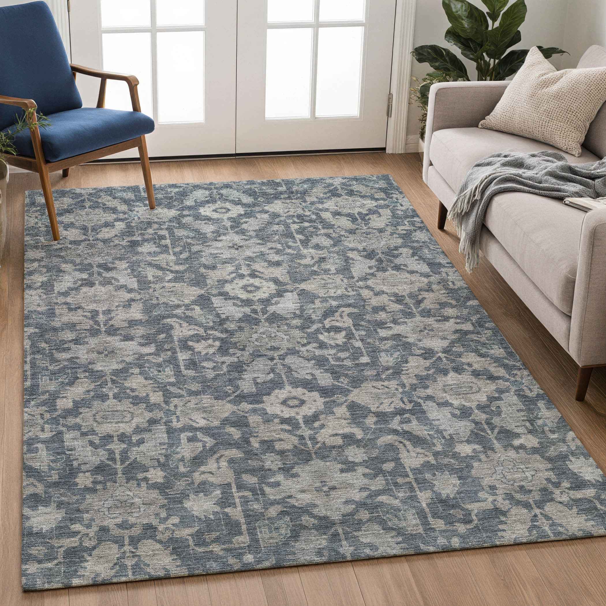 10' X 14' Denim Blue And Silver Floral Washable Indoor Outdoor Area Rug