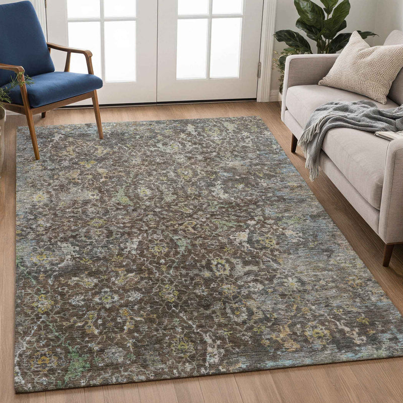 3' X 5' Chocolate And Gray Damask Washable Indoor Outdoor Area Rug