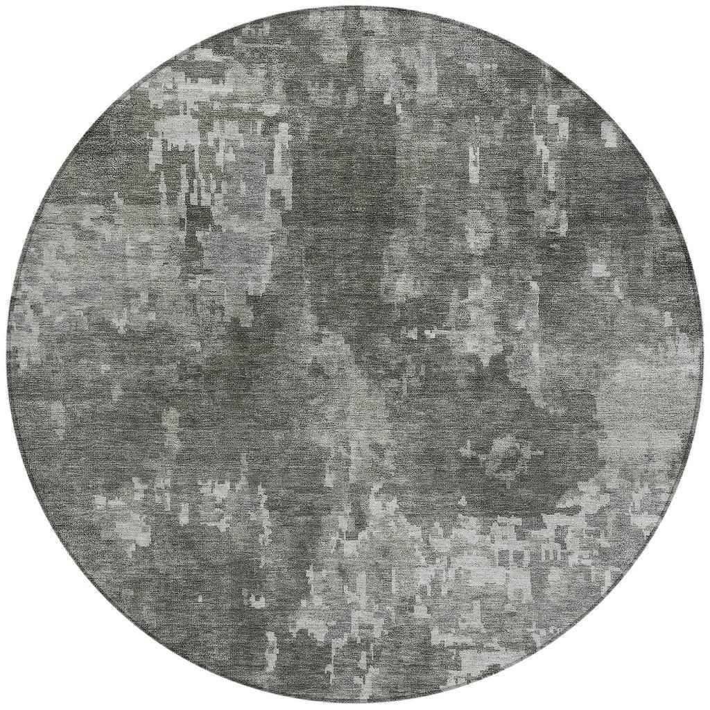 8' Pewter And Ivory Round Abstract Washable Indoor Outdoor Area Rug