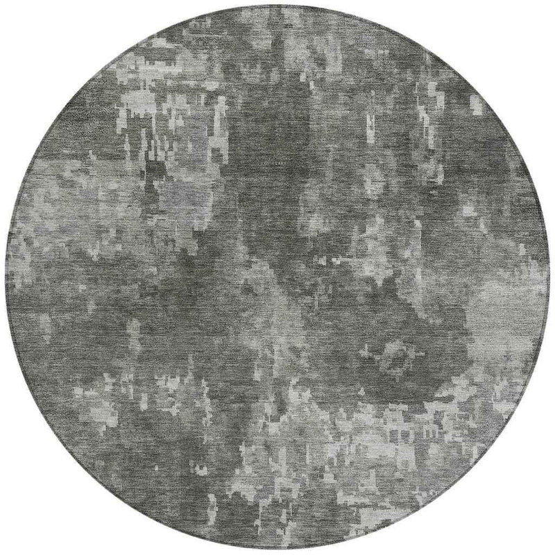 8' Pewter And Ivory Round Abstract Washable Indoor Outdoor Area Rug