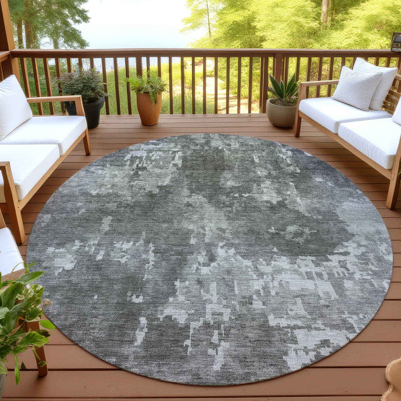 8' Pewter And Ivory Round Abstract Washable Indoor Outdoor Area Rug