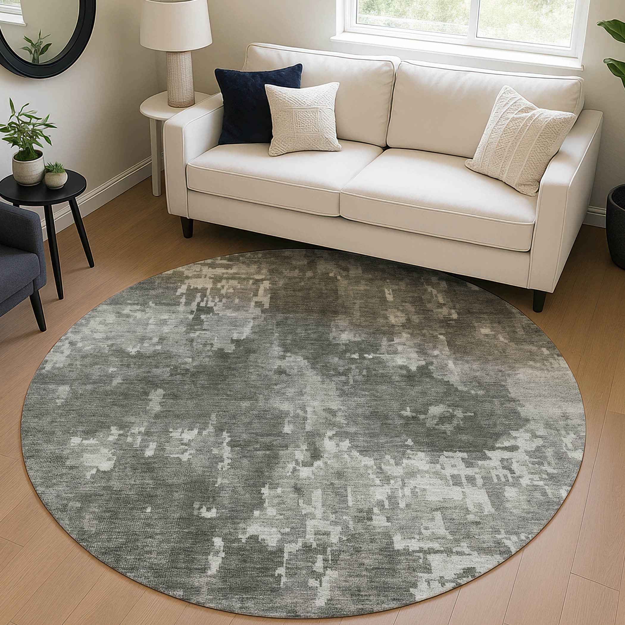 8' Pewter And Ivory Round Abstract Washable Indoor Outdoor Area Rug