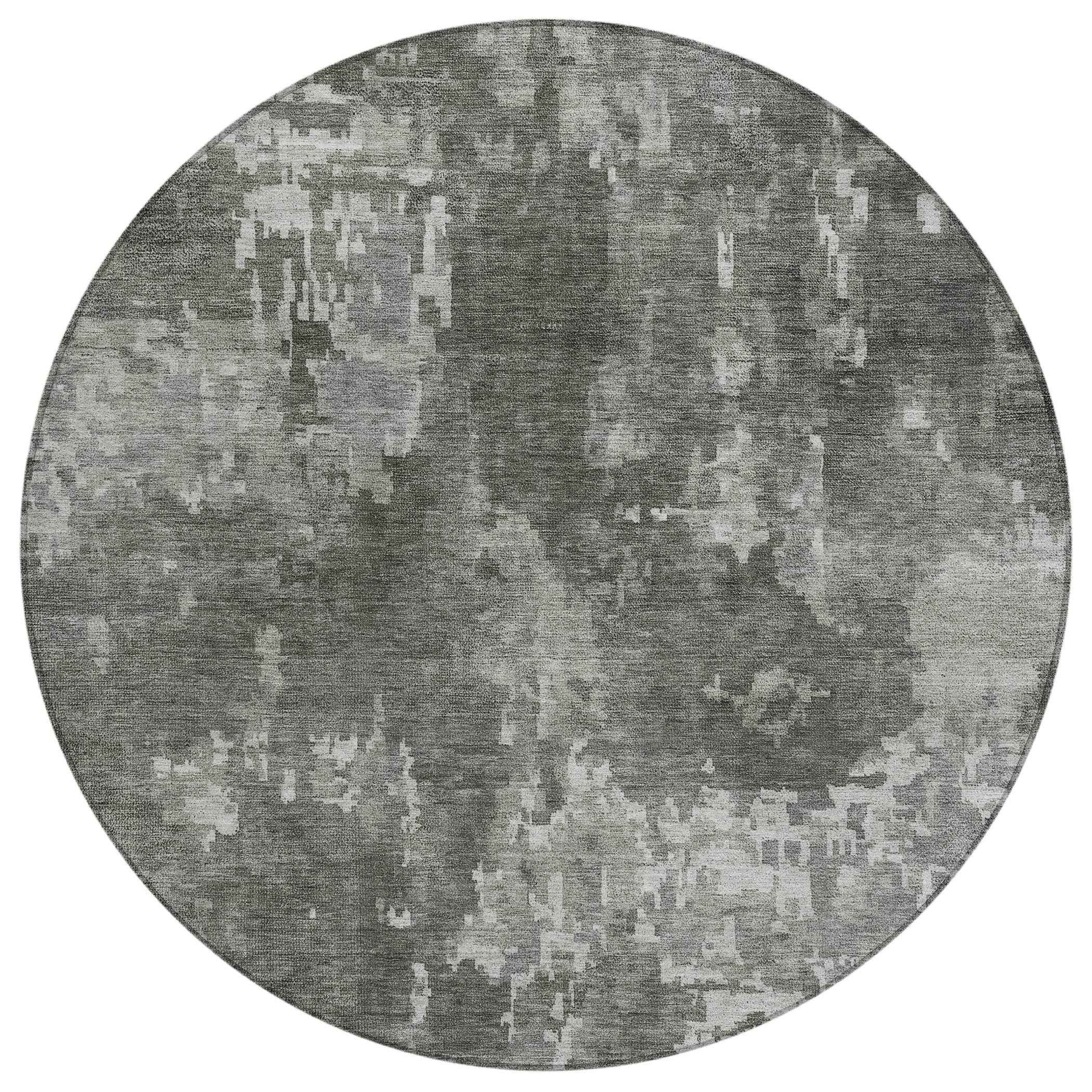8' Pewter And Ivory Round Abstract Washable Indoor Outdoor Area Rug