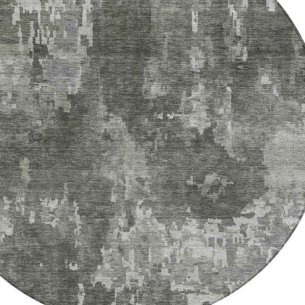 8' Pewter And Ivory Round Abstract Washable Indoor Outdoor Area Rug