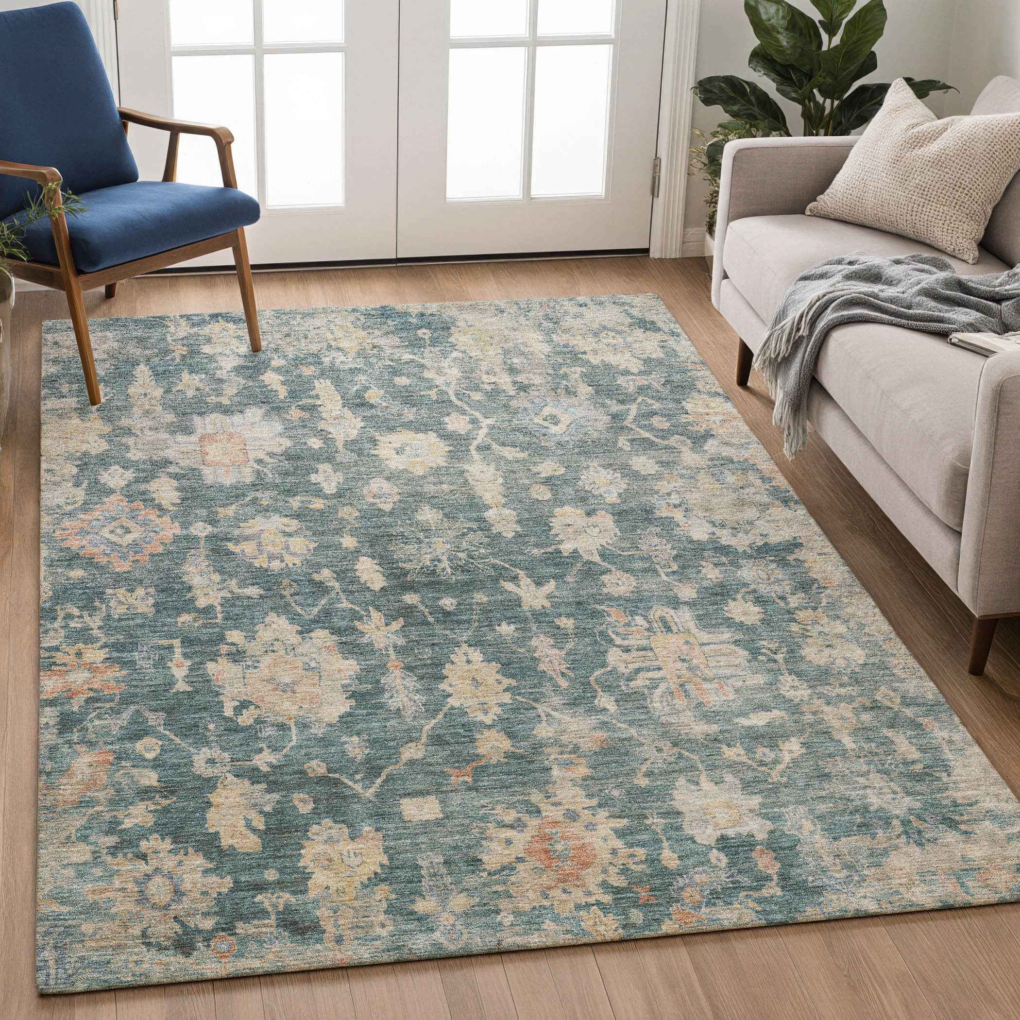 9' X 12' Teal Blue Beige And Gold Floral Washable Indoor Outdoor Area Rug