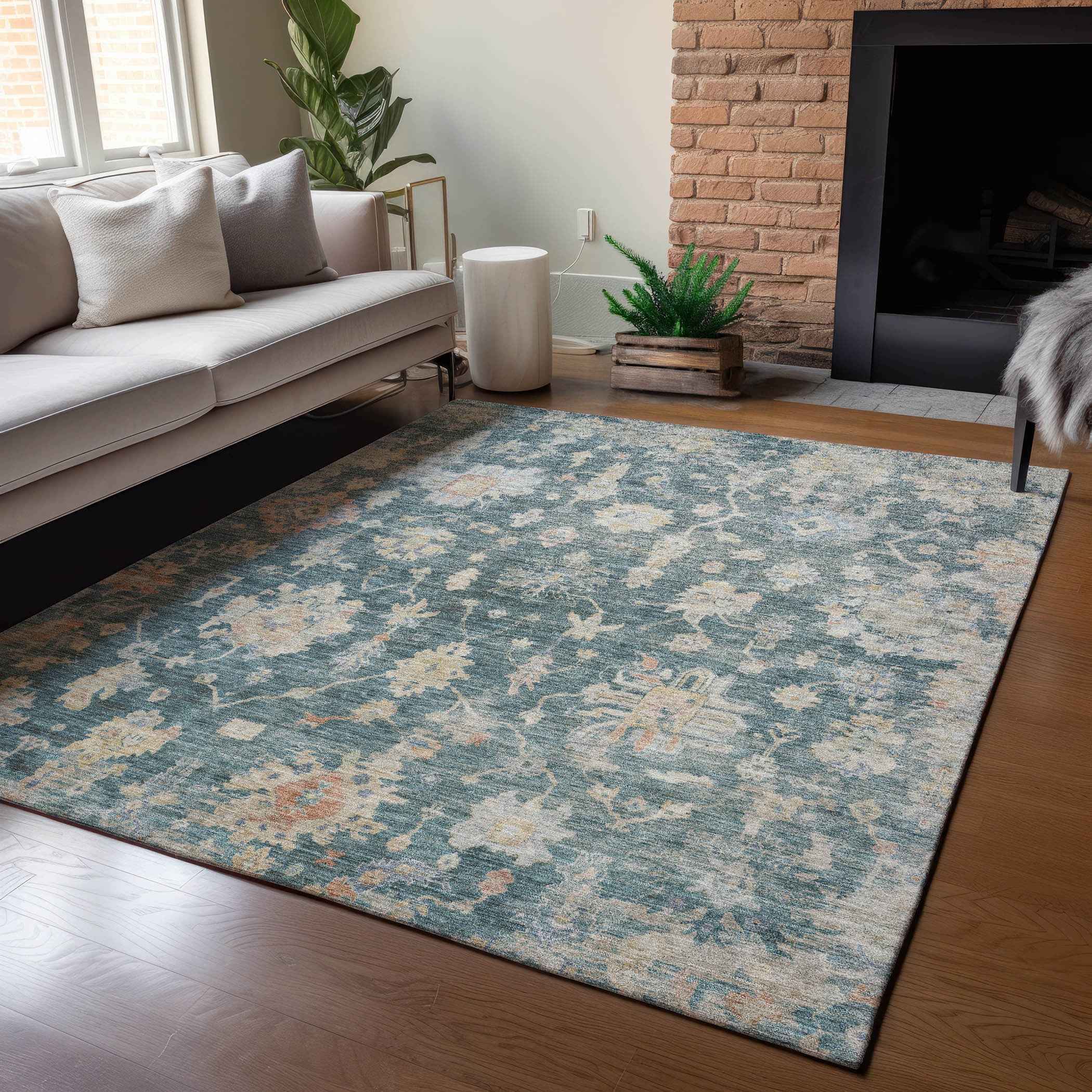 9' X 12' Teal Blue Beige And Gold Floral Washable Indoor Outdoor Area Rug