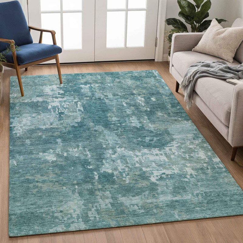 8' X 10' Teal Blue And Aqua Abstract Washable Indoor Outdoor Area Rug