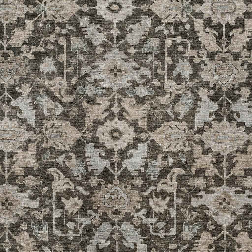 3' X 5' Chocolate And Gray Floral Washable Indoor Outdoor Area Rug