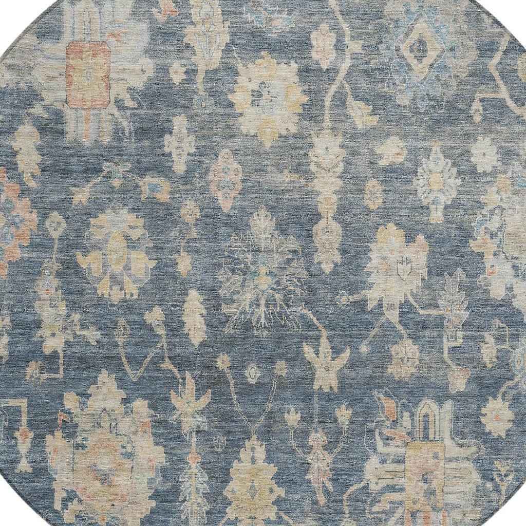 8' Navy Blue Beige And Rust Round Floral Washable Indoor Outdoor Area Rug