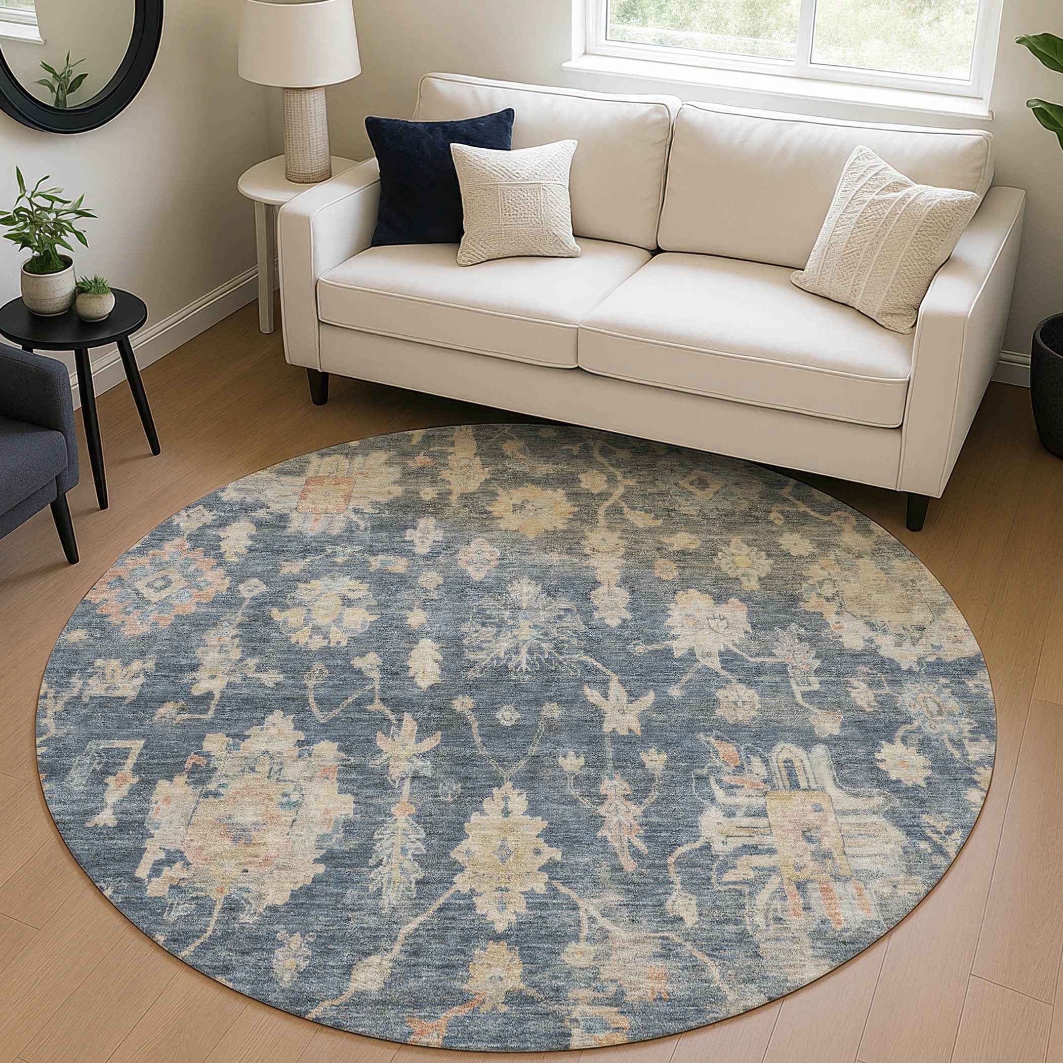 8' Navy Blue Beige And Rust Round Floral Washable Indoor Outdoor Area Rug