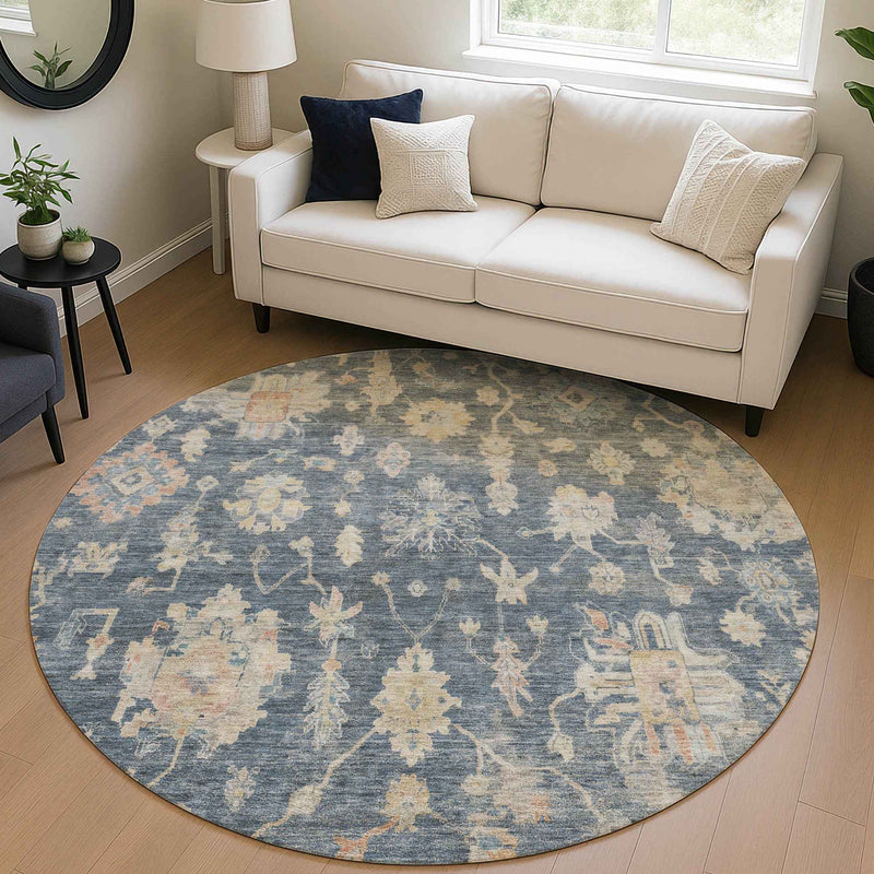8' Navy Blue Beige And Rust Round Floral Washable Indoor Outdoor Area Rug