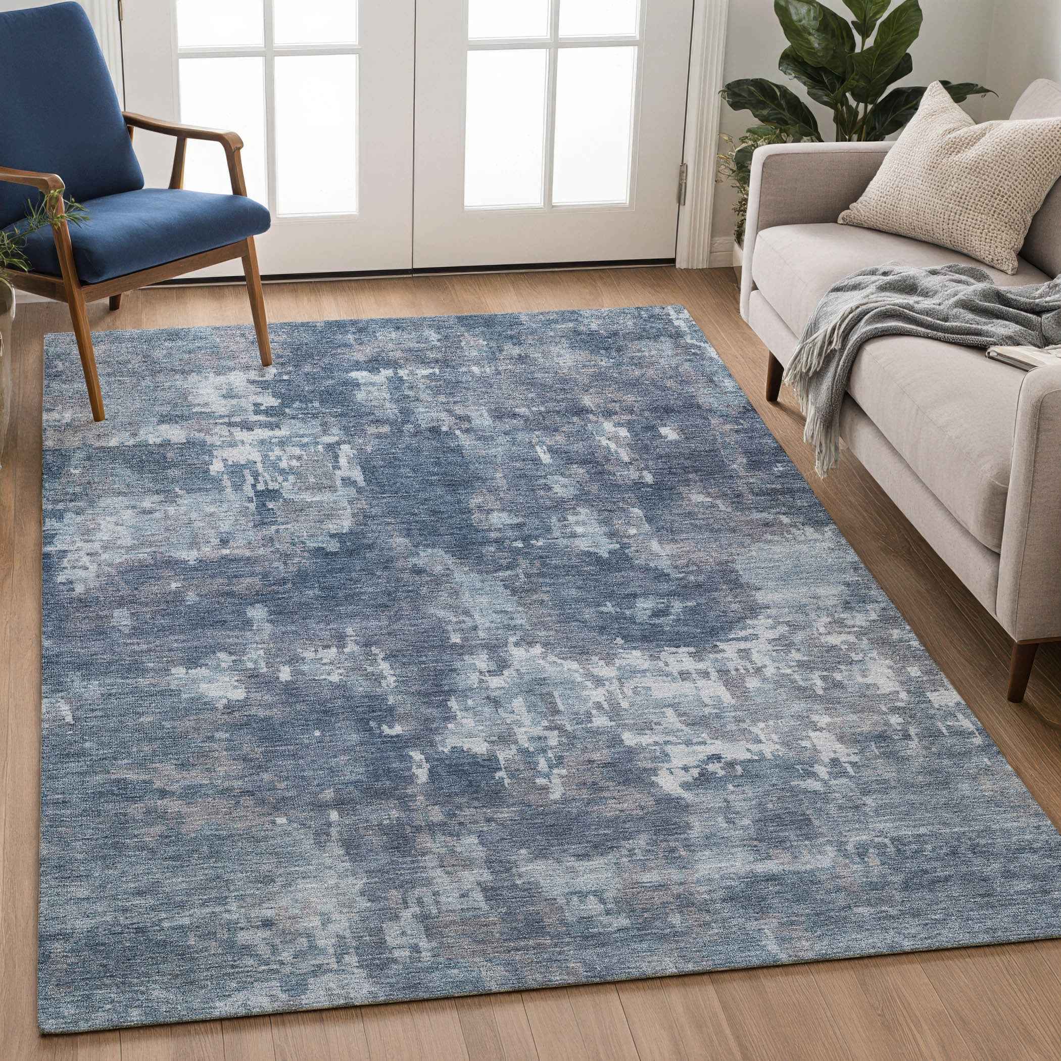 5' X 8' Blue And Ivory Abstract Washable Indoor Outdoor Area Rug