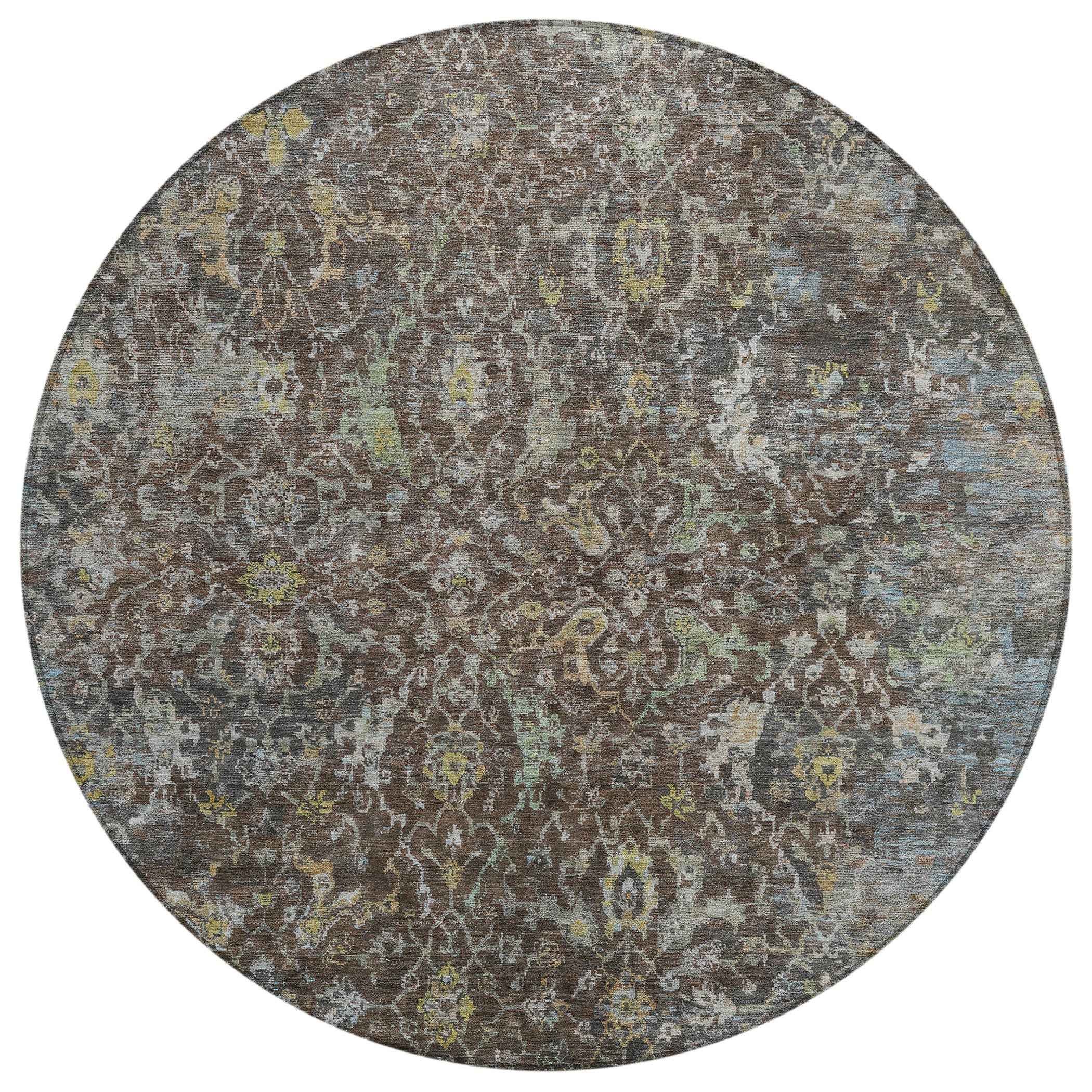 8' Chocolate And Gray Round Damask Washable Indoor Outdoor Area Rug