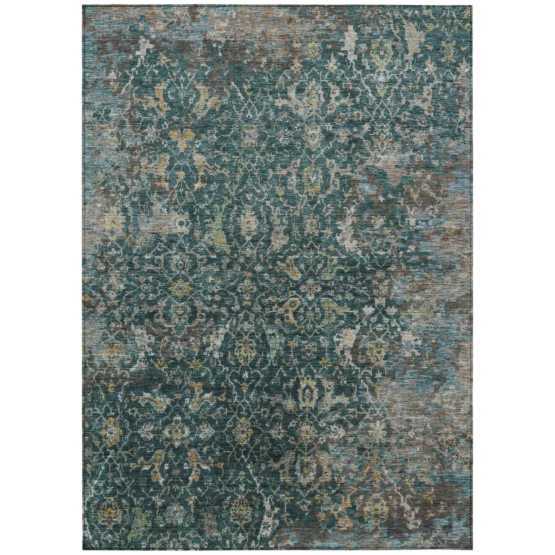 9' X 12' Teal Blue And Gray Damask Washable Indoor Outdoor Area Rug