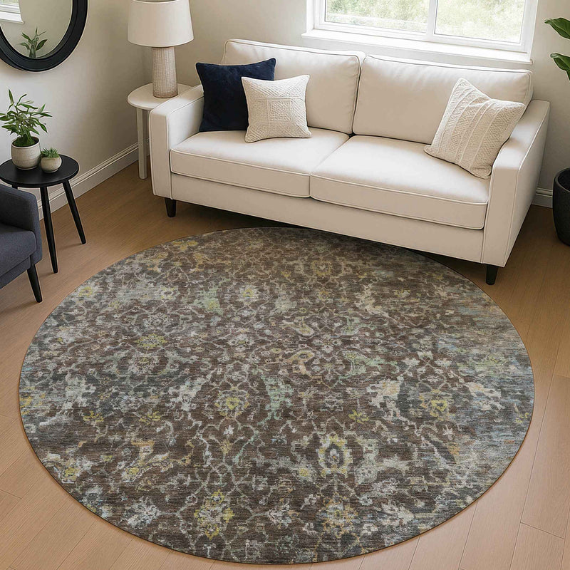 8' Chocolate And Gray Round Damask Washable Indoor Outdoor Area Rug
