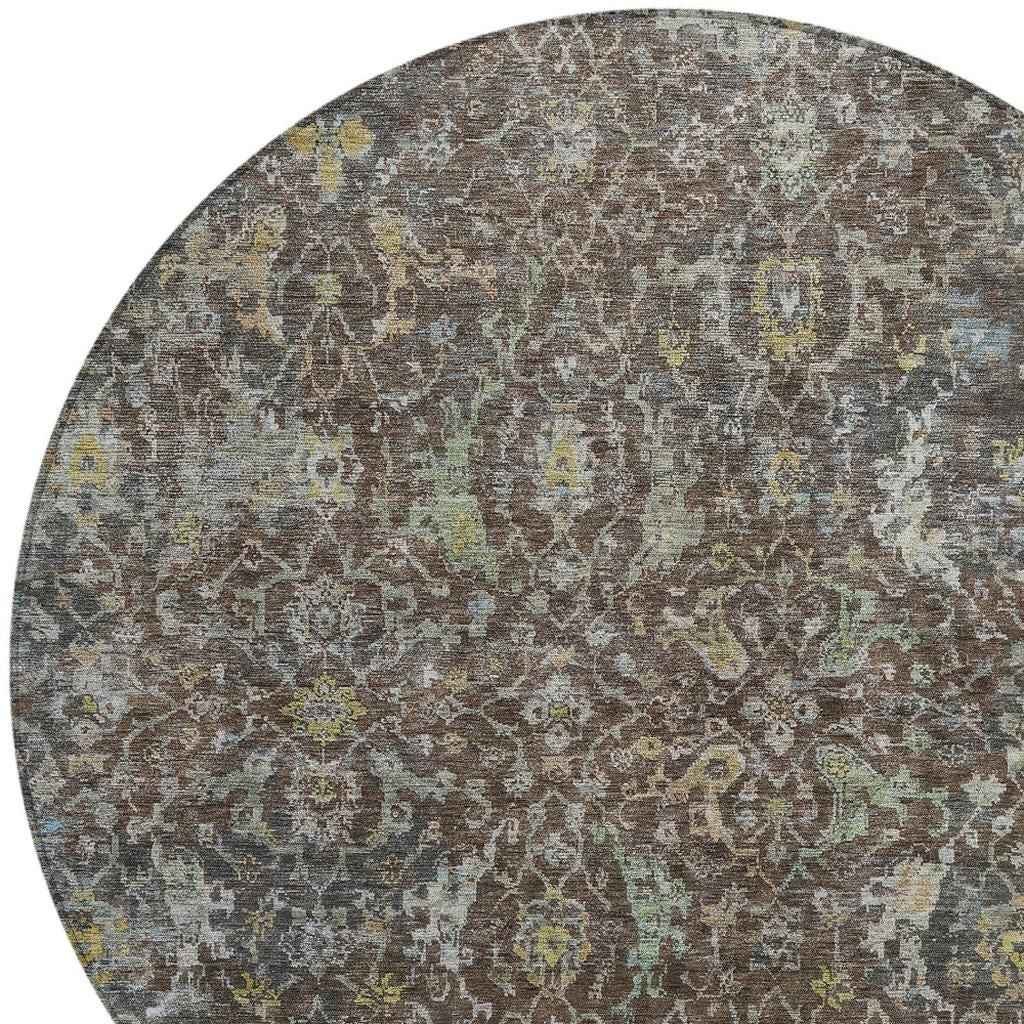 8' Chocolate And Gray Round Damask Washable Indoor Outdoor Area Rug