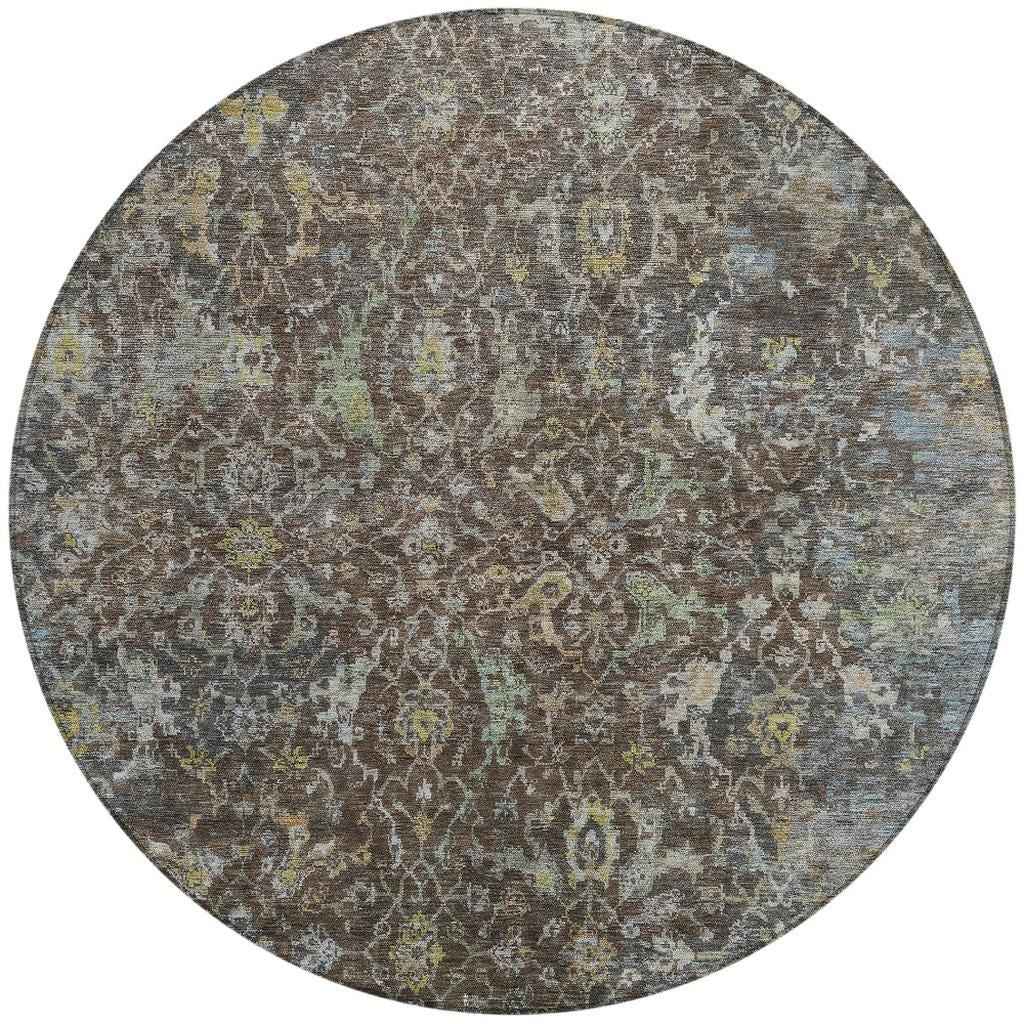 8' Chocolate And Gray Round Damask Washable Indoor Outdoor Area Rug