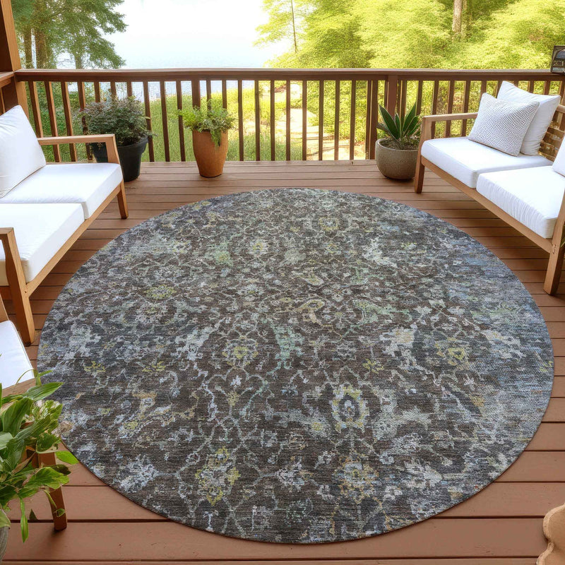 8' Chocolate And Gray Round Damask Washable Indoor Outdoor Area Rug
