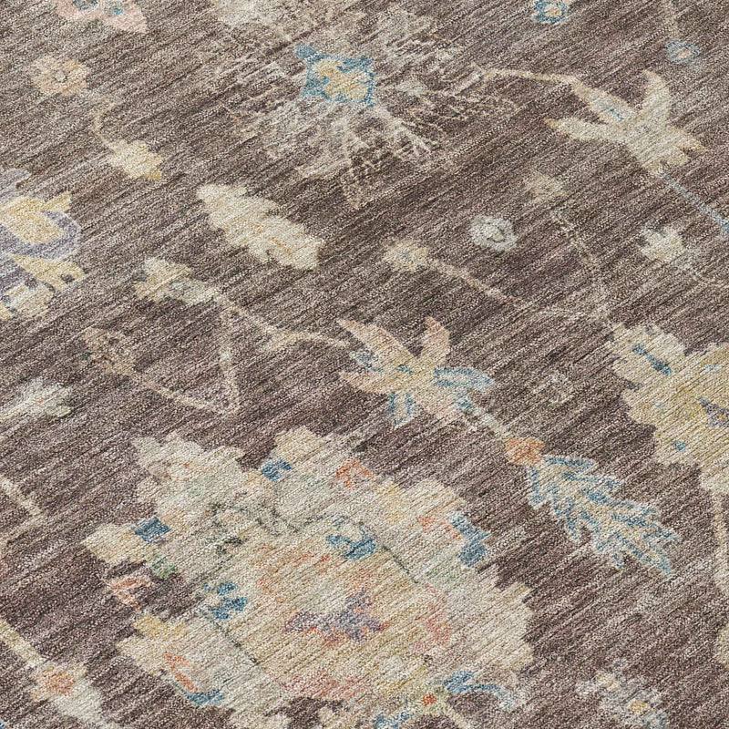 10' X 14' Chocolate Beige And Blue Floral Washable Indoor Outdoor Area Rug
