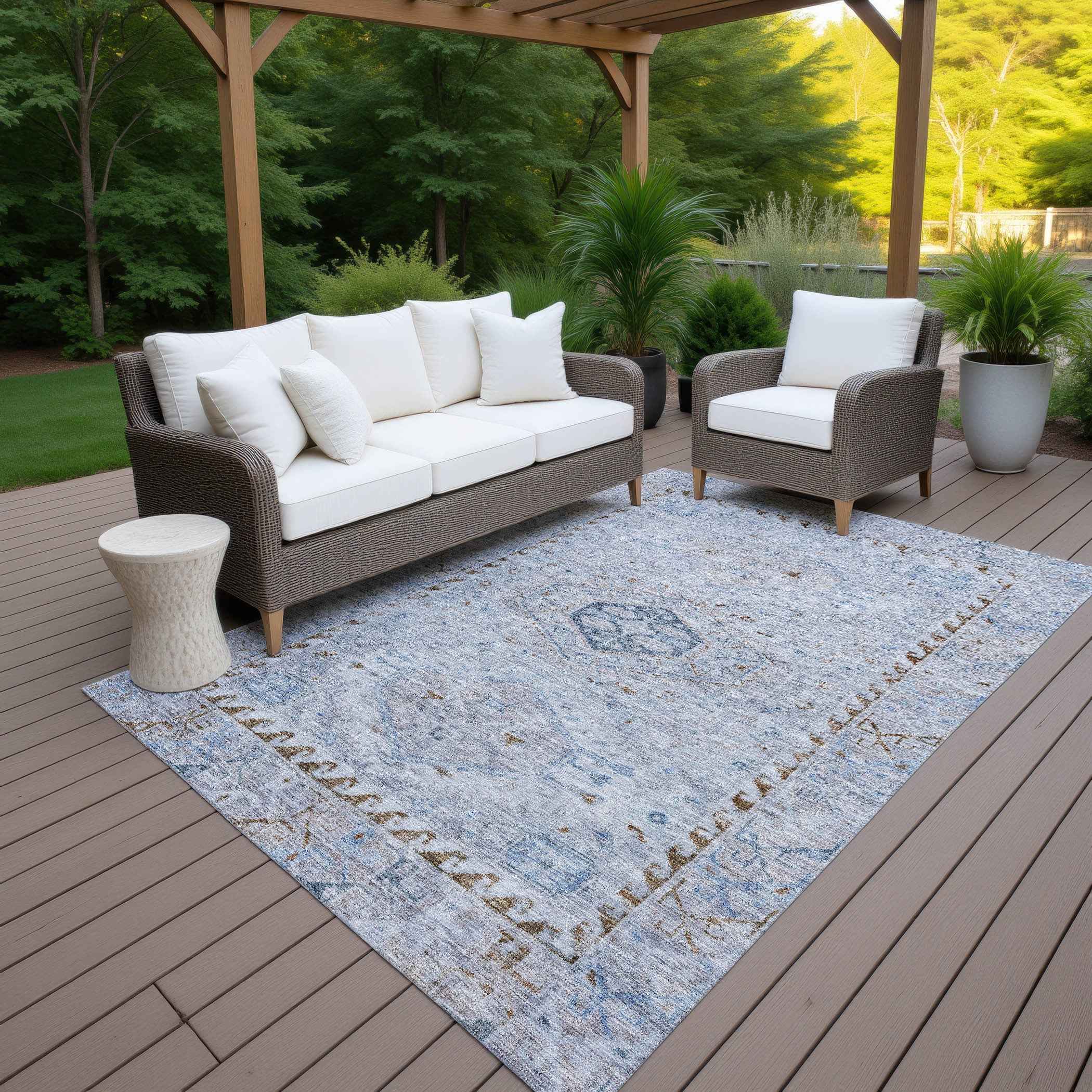 3' X 5' Sky Blue And Brown Medallion Washable Indoor Outdoor Area Rug
