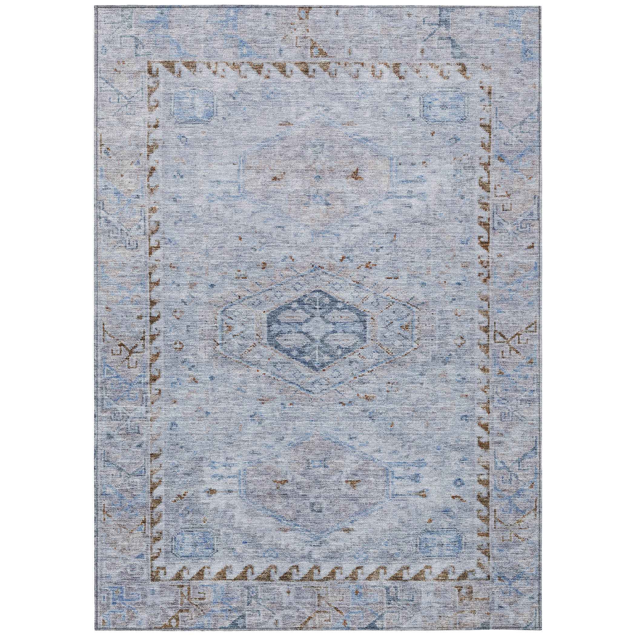 3' X 5' Sky Blue And Brown Medallion Washable Indoor Outdoor Area Rug