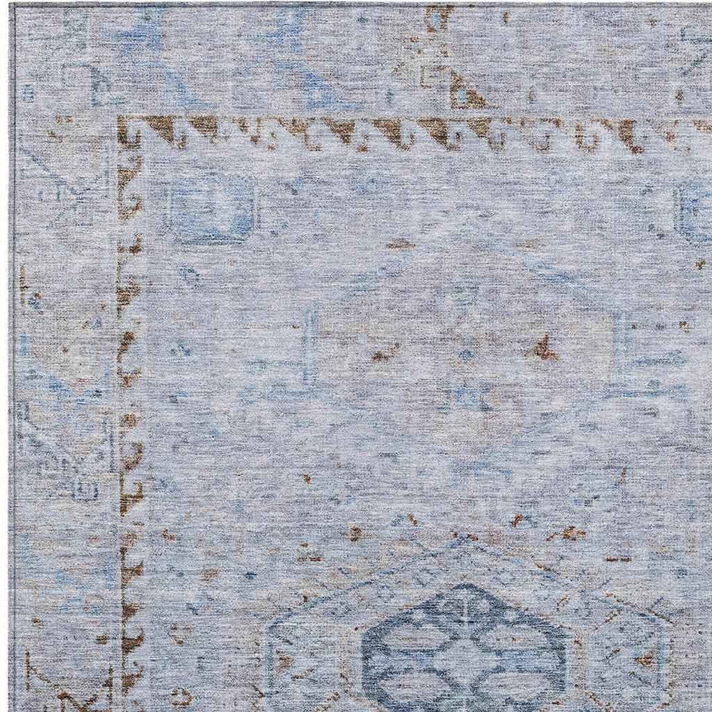 3' X 5' Sky Blue And Brown Medallion Washable Indoor Outdoor Area Rug
