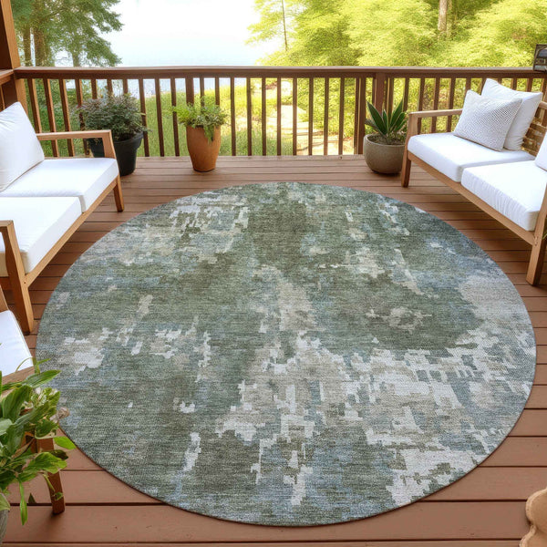 8' Fern Green And Beige Round Abstract Washable Indoor Outdoor Area Rug