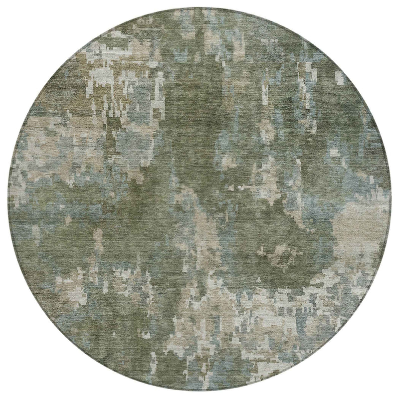 8' Fern Green And Beige Round Abstract Washable Indoor Outdoor Area Rug