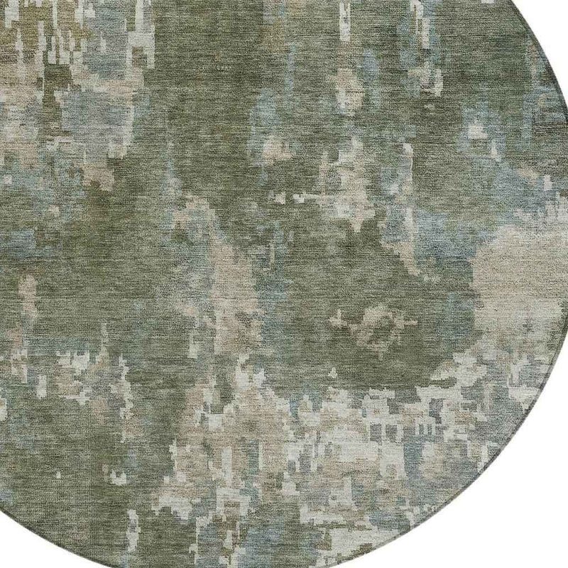 8' Fern Green And Beige Round Abstract Washable Indoor Outdoor Area Rug