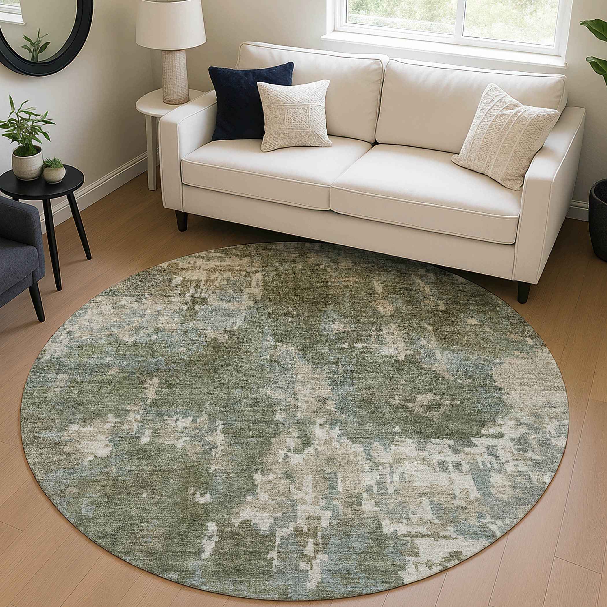 8' Fern Green And Beige Round Abstract Washable Indoor Outdoor Area Rug