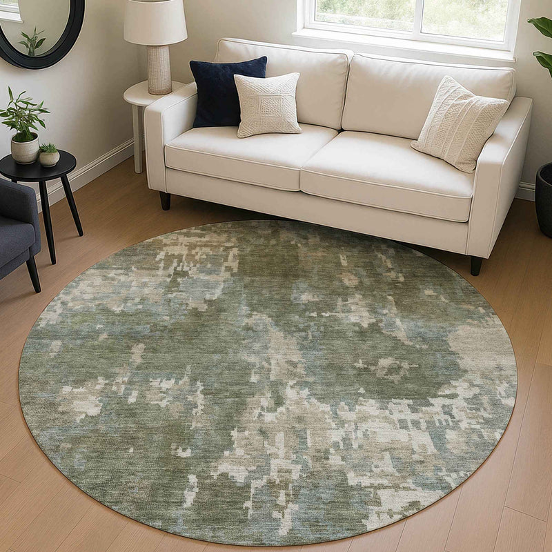 8' Fern Green And Beige Round Abstract Washable Indoor Outdoor Area Rug