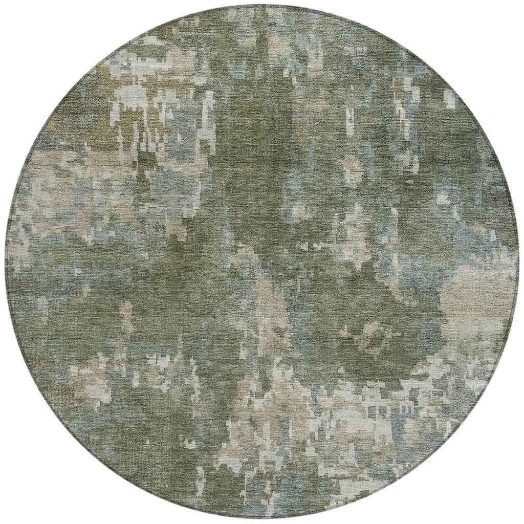 8' Fern Green And Beige Round Abstract Washable Indoor Outdoor Area Rug