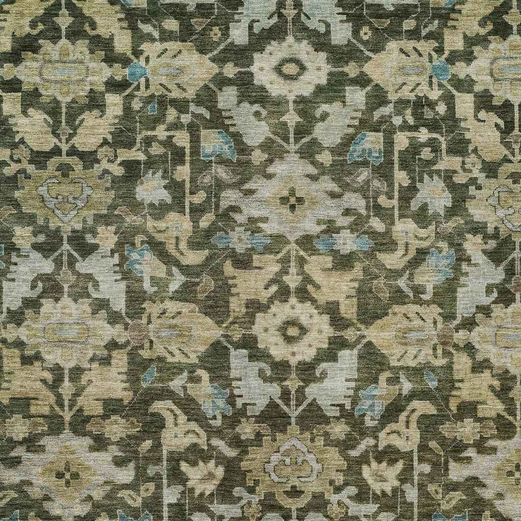 5' X 8' Olive Green Teal Blue And Gold Floral Washable Indoor Outdoor Area Rug
