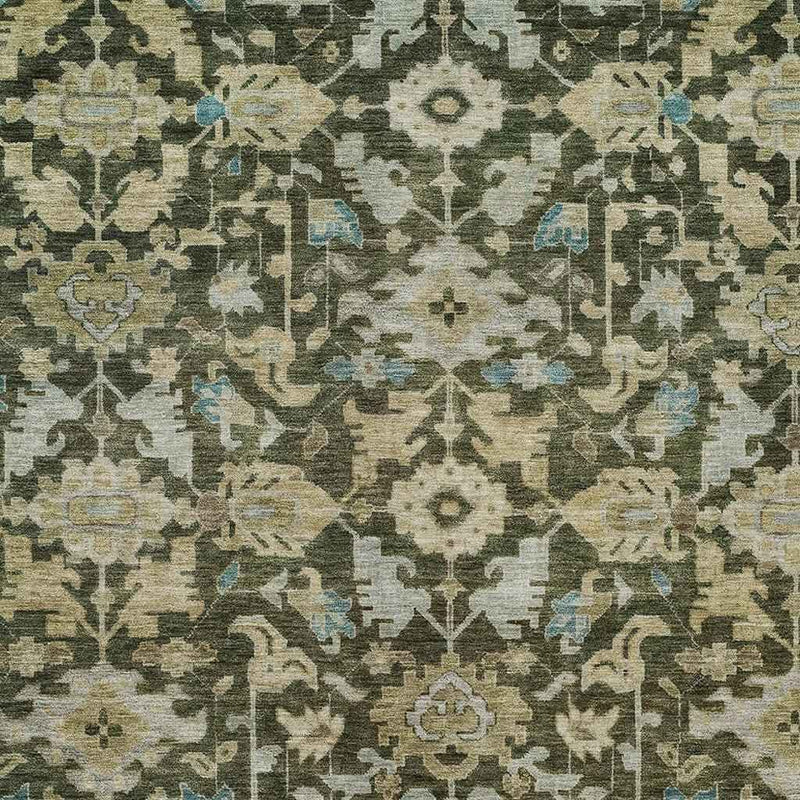 5' X 8' Olive Green Teal Blue And Gold Floral Washable Indoor Outdoor Area Rug
