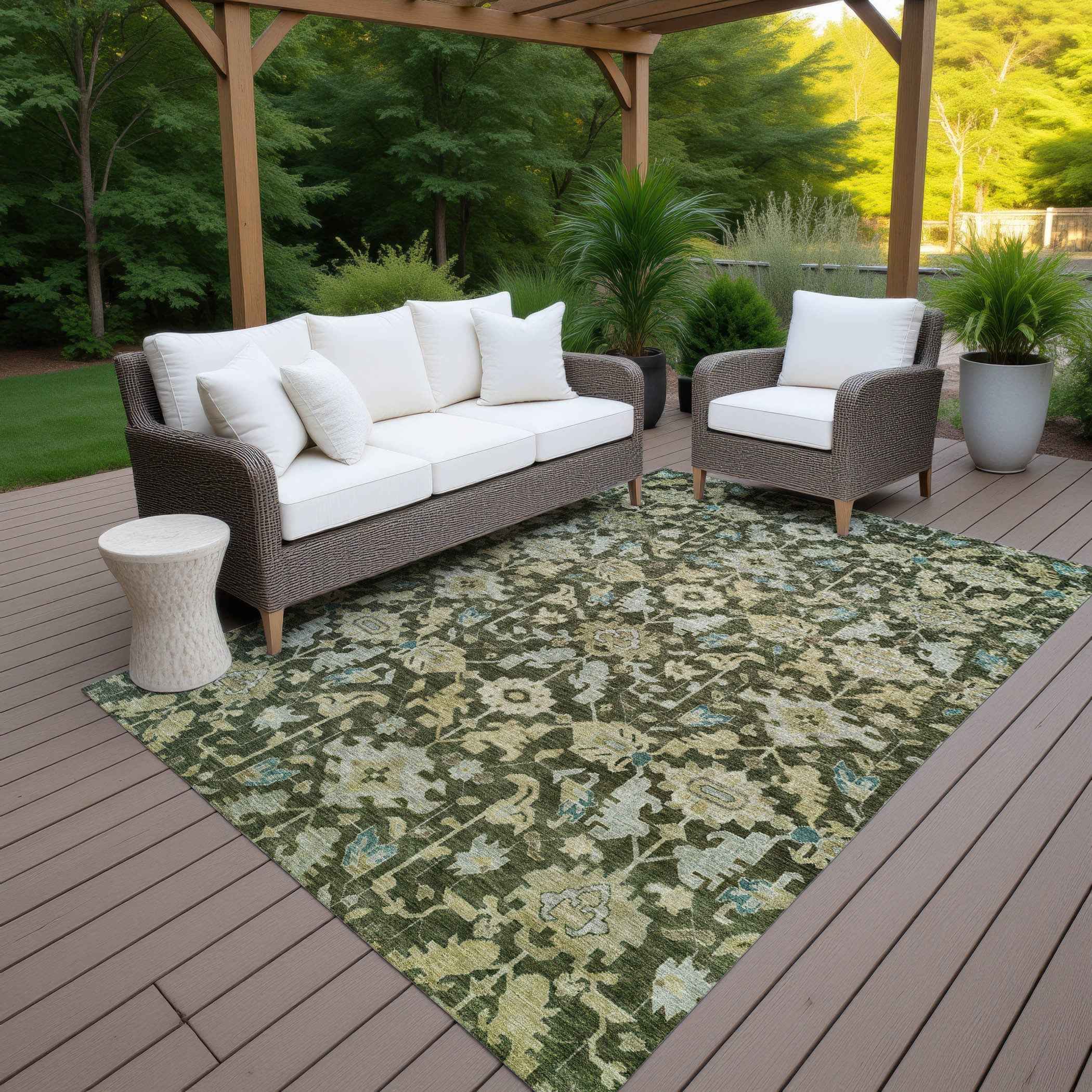 5' X 8' Olive Green Teal Blue And Gold Floral Washable Indoor Outdoor Area Rug