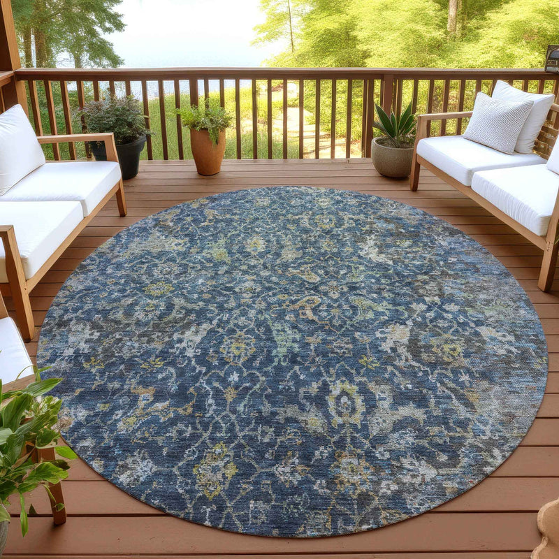 8' Navy Blue And Gray Round Damask Washable Indoor Outdoor Area Rug