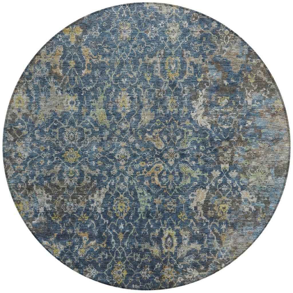 8' Navy Blue And Gray Round Damask Washable Indoor Outdoor Area Rug